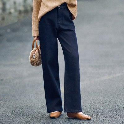 小个子高腰深蓝色阔腿牛仔裤