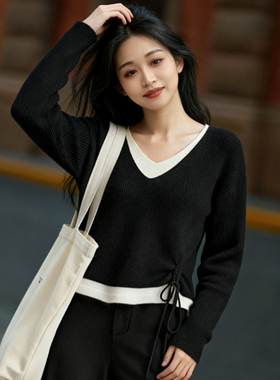 柒量一裁小个子V领假两件毛织上衣女毛衣毛针织衫秋冬3391