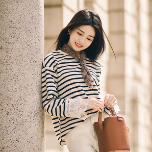 柒量一裁小个子米白色蕾丝花边条纹打底衫 T恤女士秋冬3420 长袖
