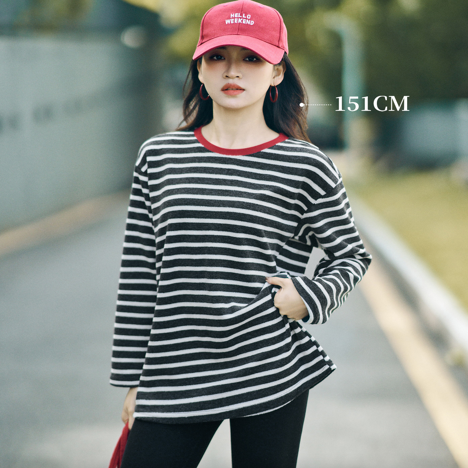 柒量一裁黑色条纹长袖T恤