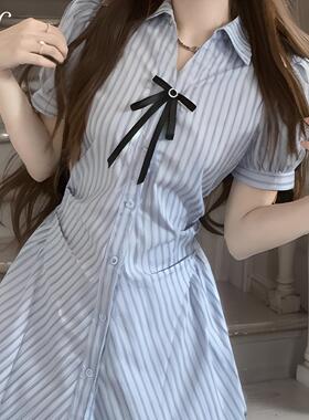 【小柒】小个子蓝色条纹衬衫连衣裙女夏季新款文艺风时尚长裙2830