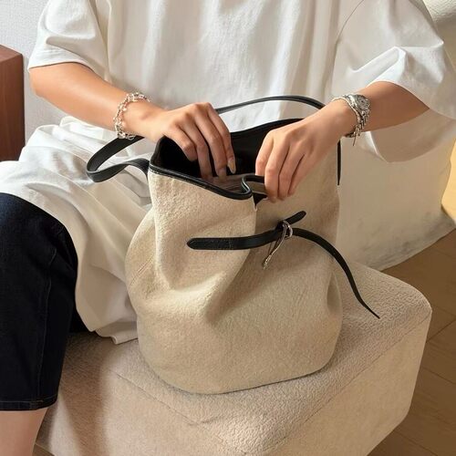 超火亚麻帆布水桶包百搭手提包