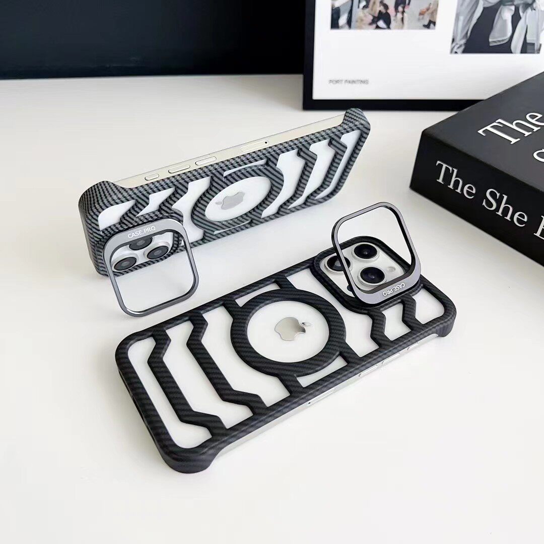 适用于苹果16promax新款手机壳iPhone15pro凯夫拉碳纤维纹13pro镂空14磁吸散热12简约商务高级感带支架保护套