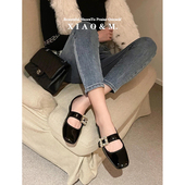 精致仙女 rv芭蕾舞鞋 真皮方头水钻方扣一字带玛丽珍平底单鞋 法式