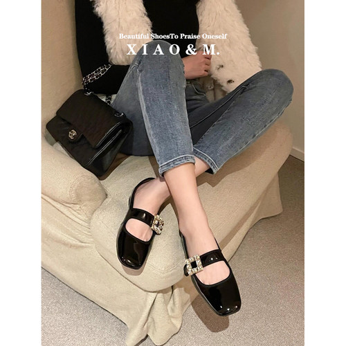 精致仙女~真皮方头水钻方扣一字带玛丽珍平底单鞋法式rv芭蕾舞鞋