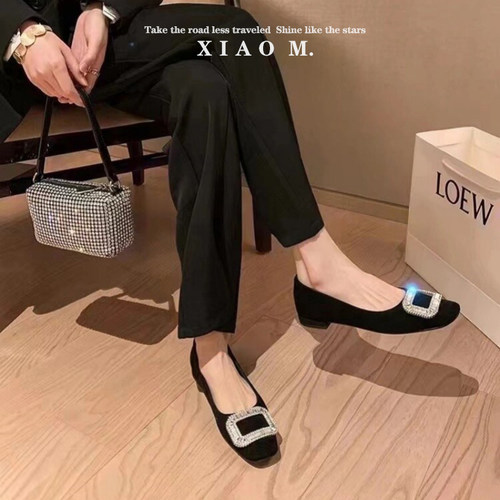 新款夏rv方扣水钻粗跟女单鞋中跟网红黑色真丝绸缎方头婚鞋工作鞋