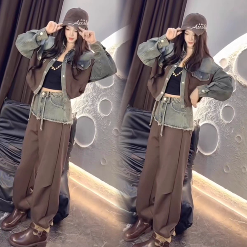 设计感拼接牛仔外套女2026秋季新款洋气翻领牛仔服欧货短款上衣Q