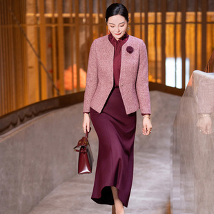 气质毛呢小香风套装 红色喜婆婆婚宴装 显瘦时尚 修身 裙女 2025冬新款