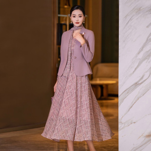 气质减龄西装 粉色时尚 女装 女2026春新款 外套印花连衣裙两件套 套装