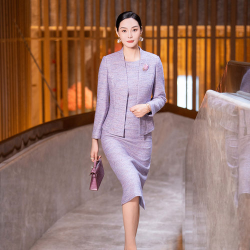 时尚气质紫色小香风毛呢套装裙女