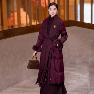 首尚格释紫色保暖羽绒服2026冬季新款气质羊毛拼接白鸭绒女士外套