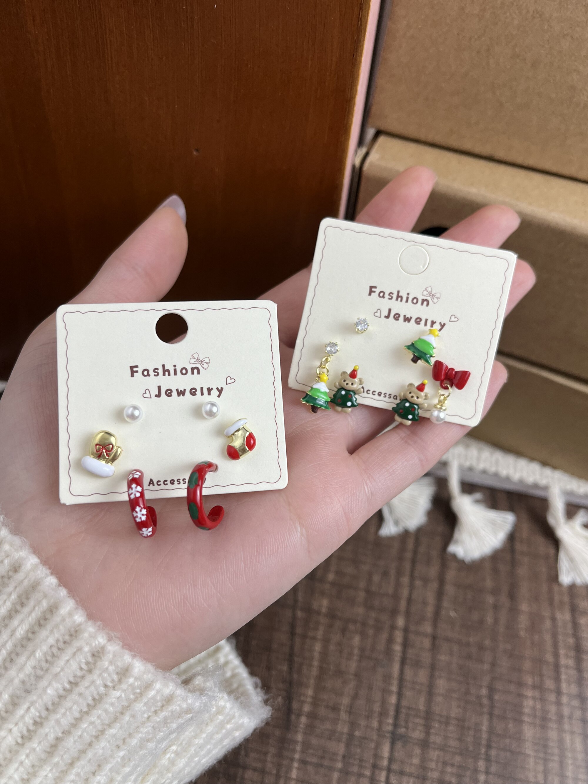 卡通圣诞节耳钉套装小熊铃铛雪人树耳饰新款学生设计感小众耳环