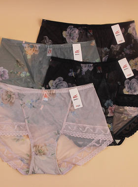 4条富妮来中青年女士网纱内裤凉爽透气性感蕾丝边中腰大码平角裤