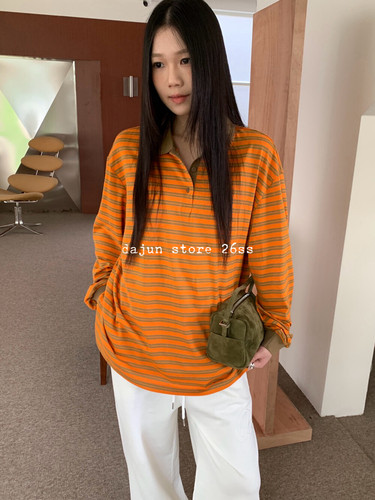 无退换 币入！韩代26秋Bellatag 美式复古 显白撞色 条纹POLO衫
