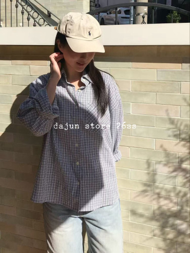 无退换 自留币入 韩代小众bellatag极简刺绣 宽松格纹防晒衬衫