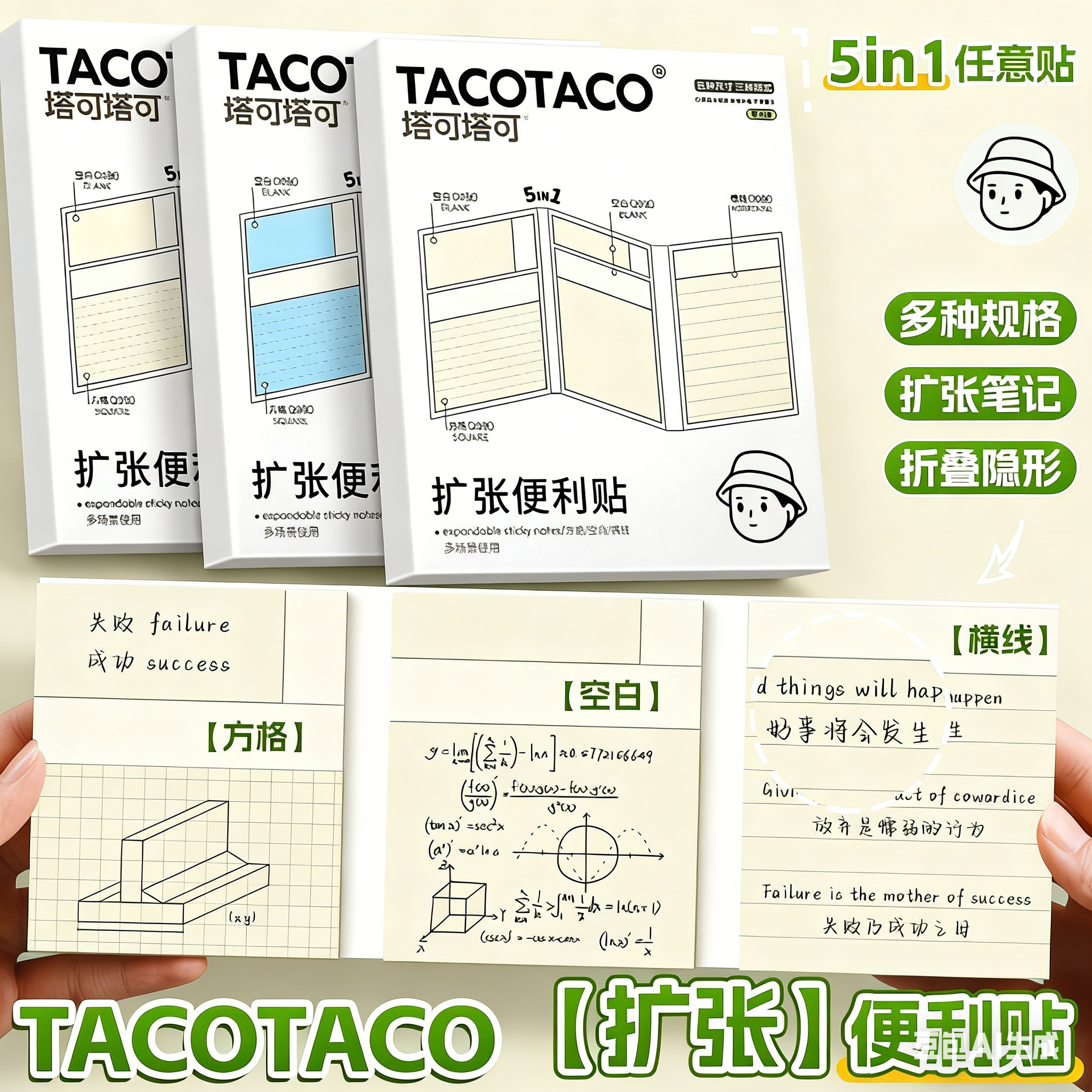 TACOTACO扩张便利贴不遮挡透明可折叠考研学生用可撕有粘性便