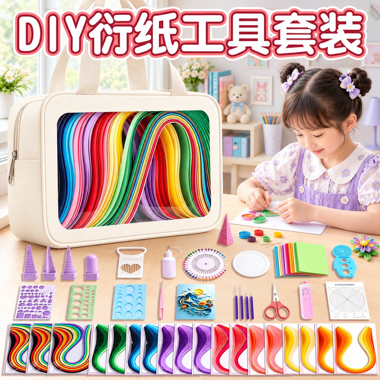 衍纸材料包套装小学生专用初学者彩色卡纸折纸线稿图纸胶水纸条卷纸器镊子衍纸梳创意幼儿园儿童手工diy工具