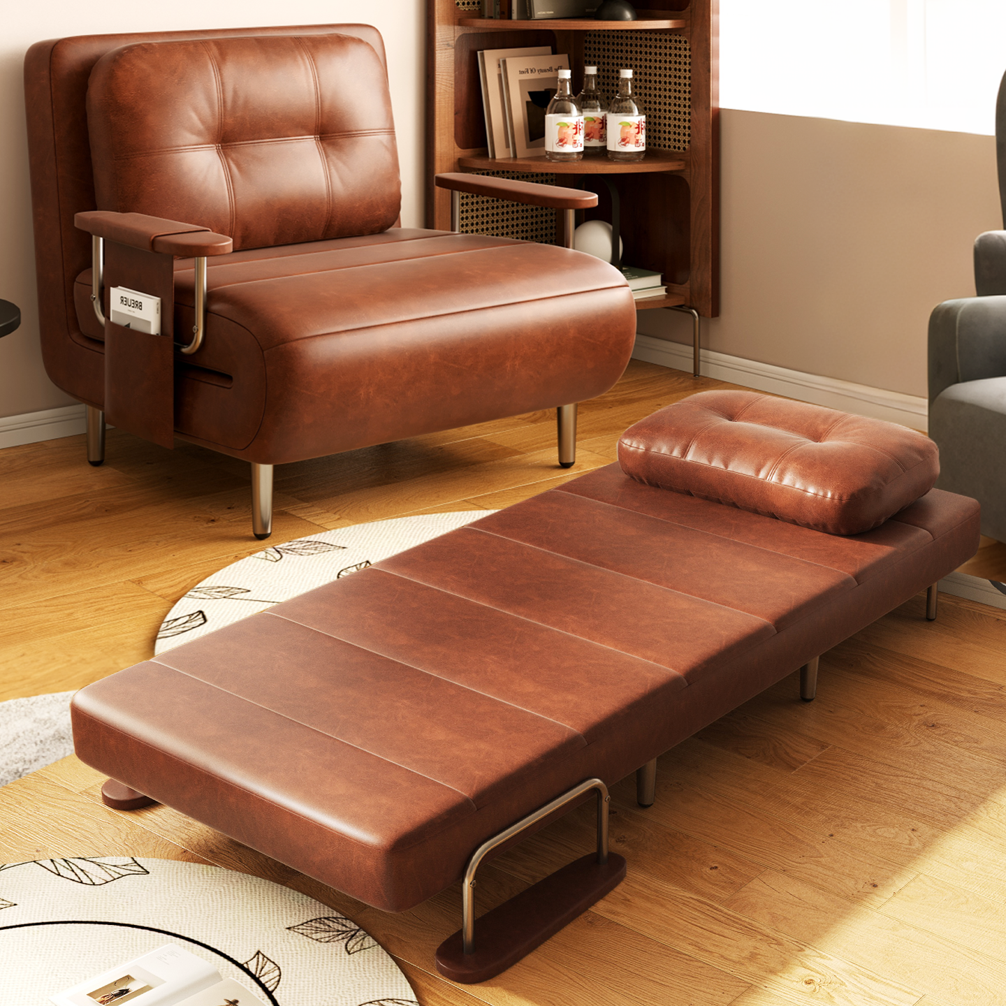 折叠沙发床单人两用2026新款复古油蜡皮小户型家用客厅阳台伸缩床