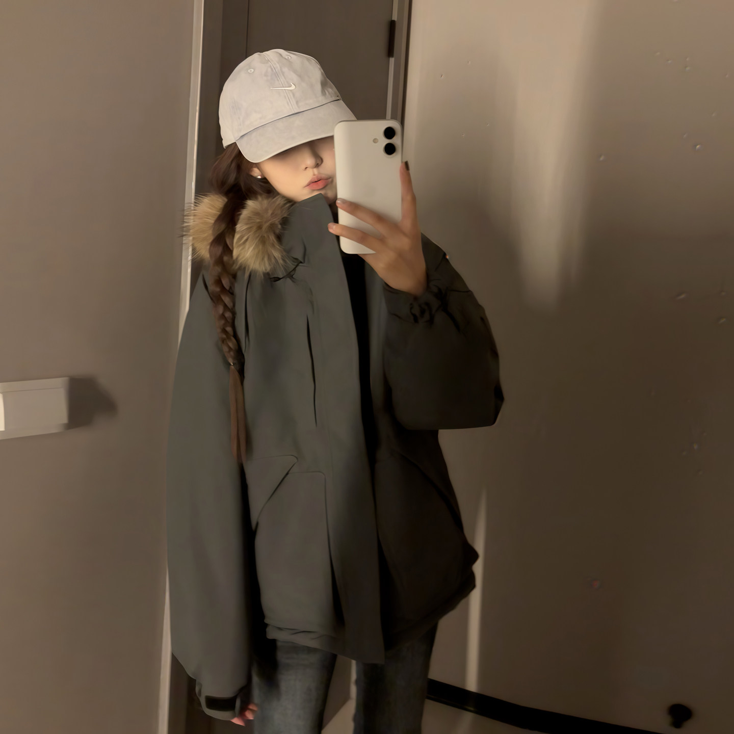 冬季獭兔毛内里加厚连帽派克服女