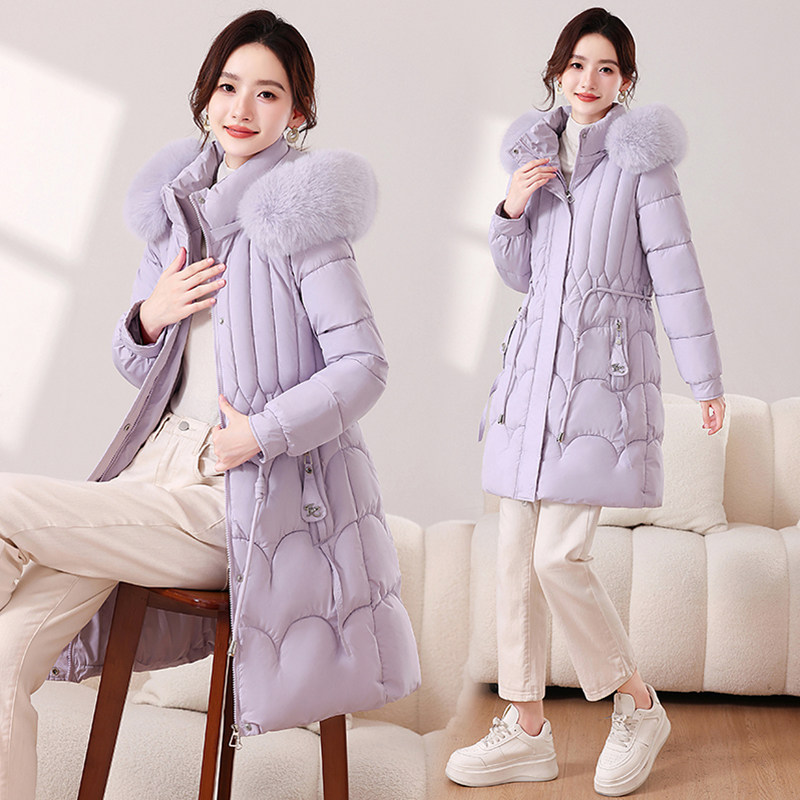 韩系女大毛领加厚中长棉服