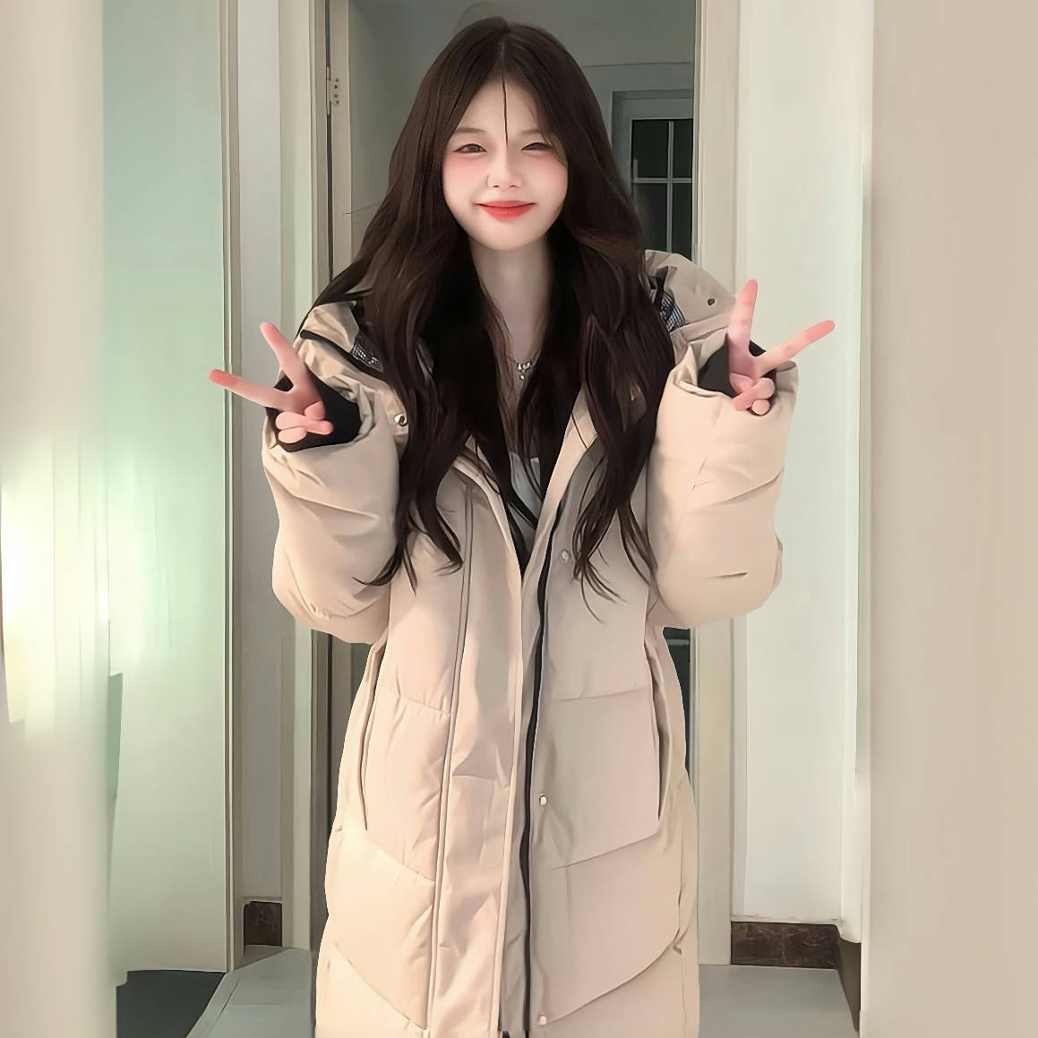 加厚保暖连帽中长款棉服女冬季