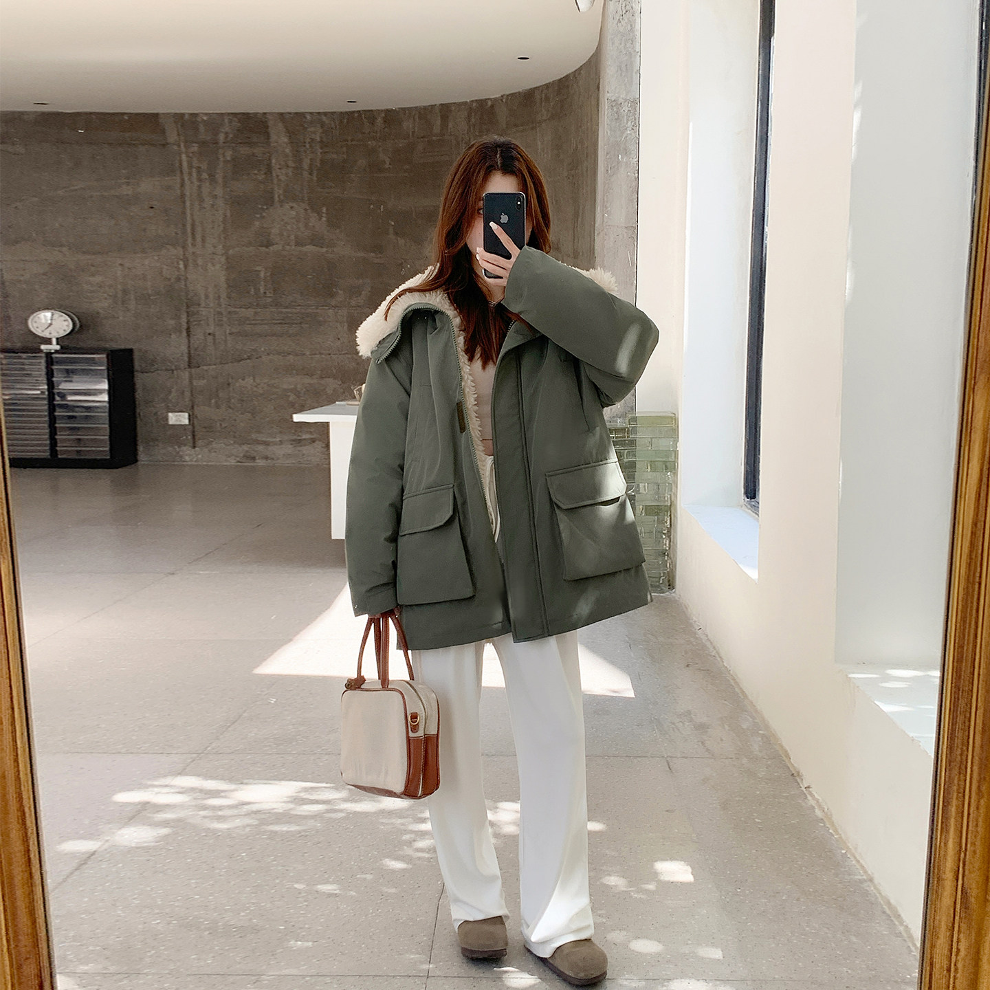 工装羊羔毛派克棉服女加厚保暖
