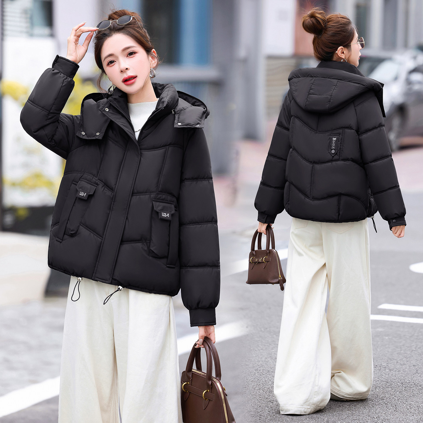 冬季加厚可拆帽短款羽绒棉服女