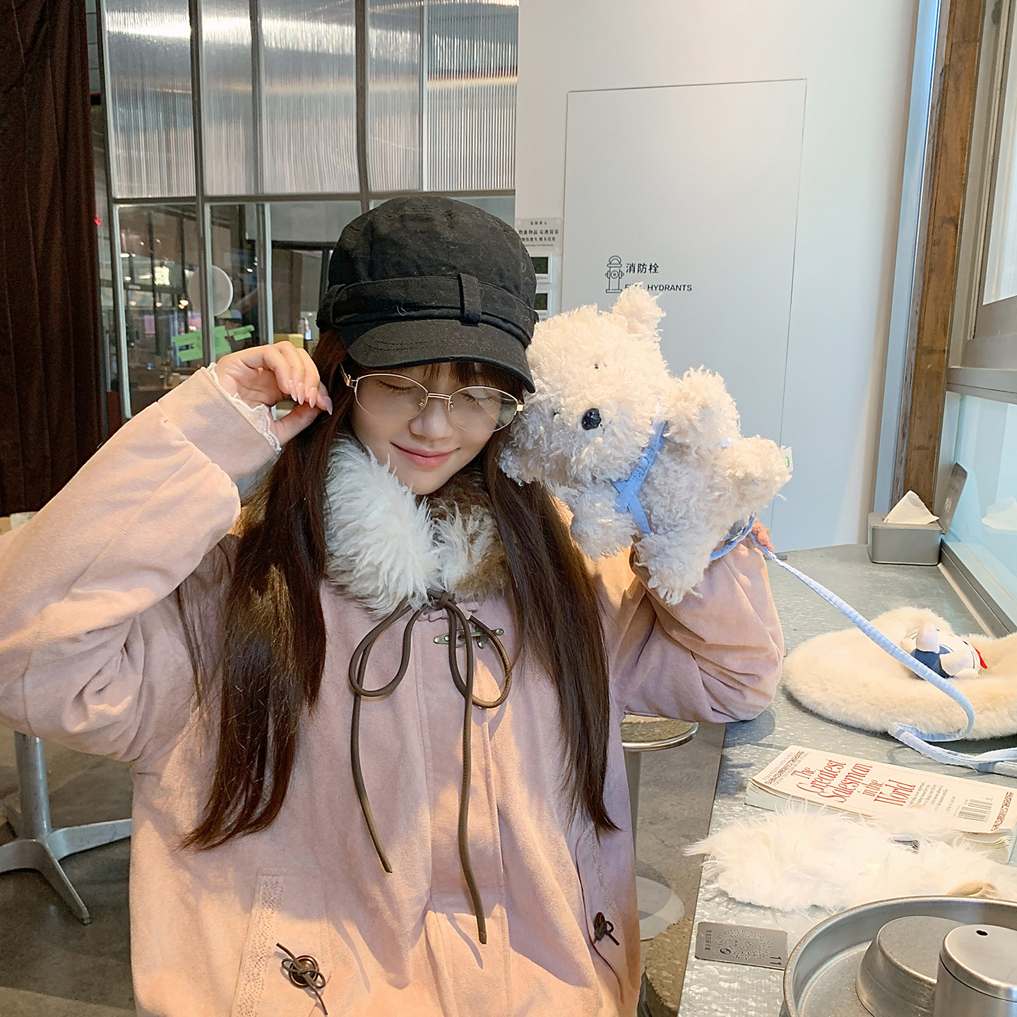 日系毛领牛角扣加厚短款棉服女