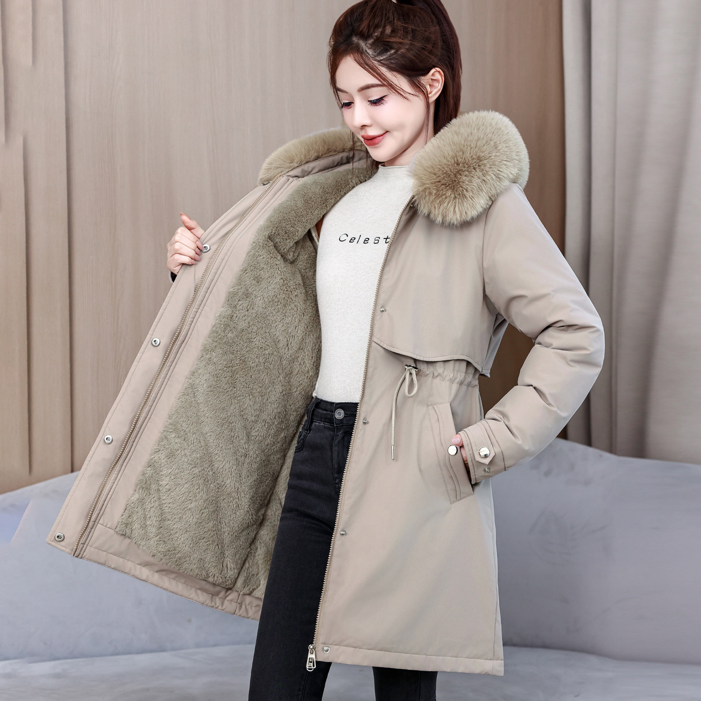 大毛领可拆加绒加厚防水女棉服