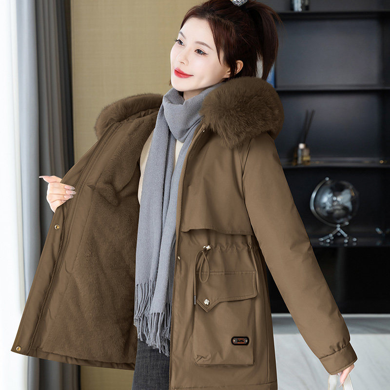 女冬季加绒可拆大毛领派克服