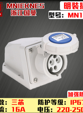 MN1312浙江国曼MNIEKNES工业3孔3P16A220V明装防水插座2P+E IP67