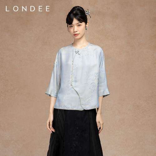 Londee/龙笛新中式提花衬衫新款宽松国风优雅高级缎面上衣5S22260
