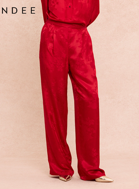 Londee/龙笛国风缎面提花阔腿裤新中式宽松直筒休闲长裤子6S24667