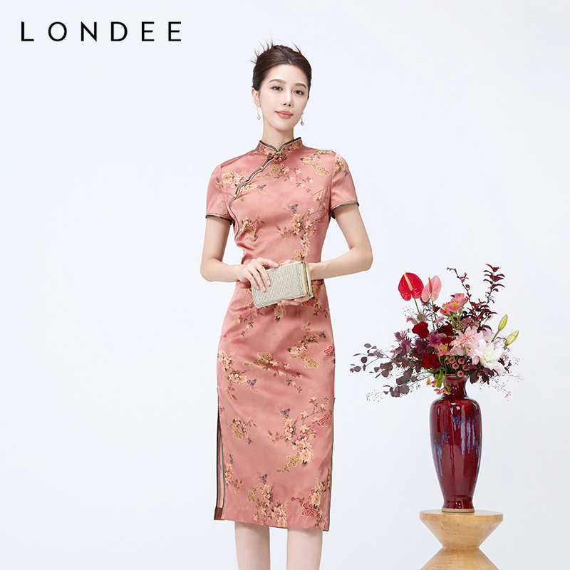 Londee/龙笛年轻款优雅粉色新中式提花旗袍连衣裙日常可穿4S21278