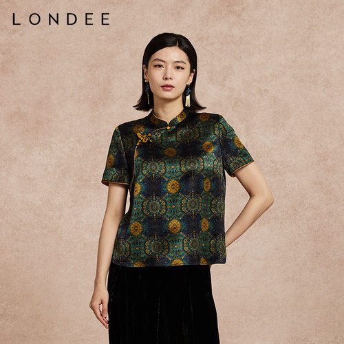 Londee/龙笛中式立领短袖盘扣印花唐装复古上衣6T22251