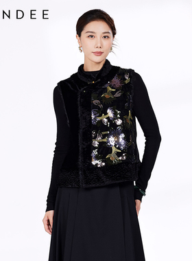 Londee/龙笛新中式丝绒棉背心马甲绣珠花马夹4T27176