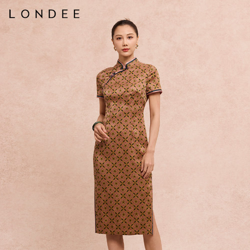 Londee/龙笛新中式复古旗袍立领短袖花纹中长款连衣裙6S21262
