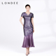 Londee 龙笛高级感流光紫缎刺绣鱼尾旗袍优雅修身 宴会礼服4T26589