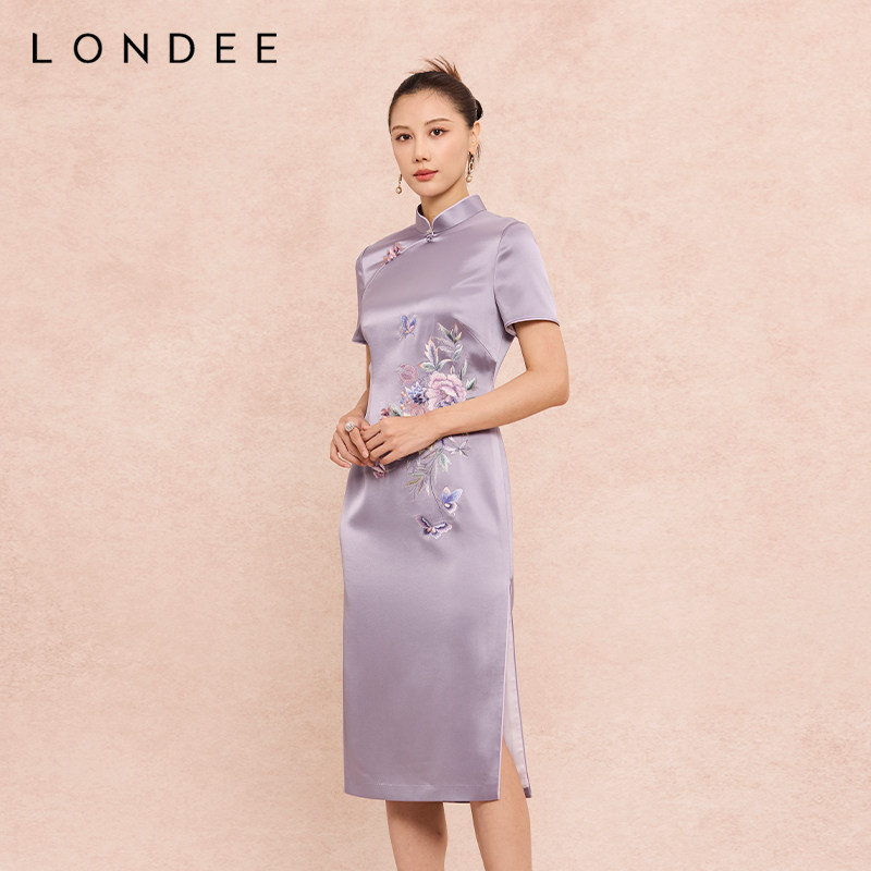 Londee/龙笛高级感新中式醋酸缎面旗袍显气质刺绣连衣裙女6S21179