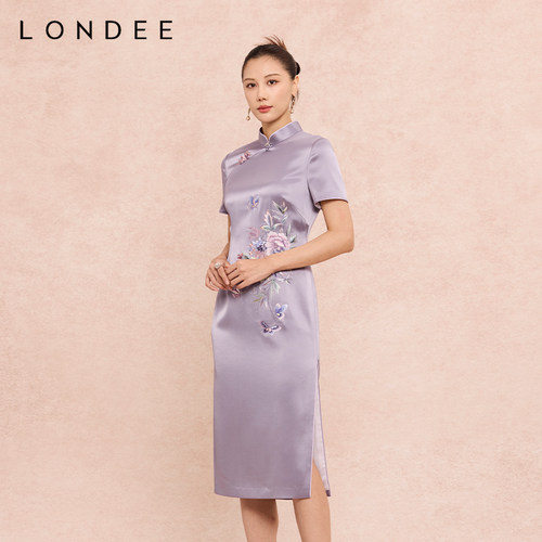 Londee/龙笛高级感新中式醋酸缎面旗袍显气质刺绣连衣裙女6S21179