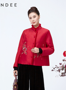 Londee/龙笛新中式风红色立领刺绣上衣女中式外套4S25188