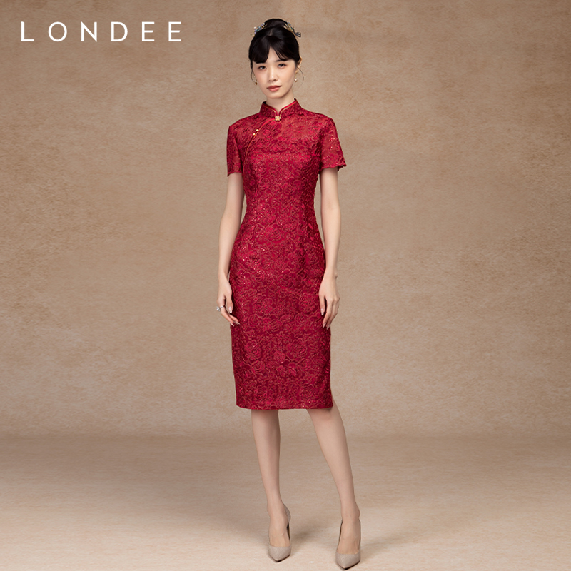 Londee/龙笛新中式旗袍结婚新娘酒红色高端蕾丝亮片礼服裙5S21178