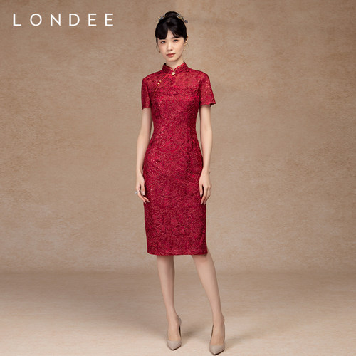 Londee/龙笛新中式旗袍结婚新娘酒红色高端蕾丝亮片礼服裙5S21178