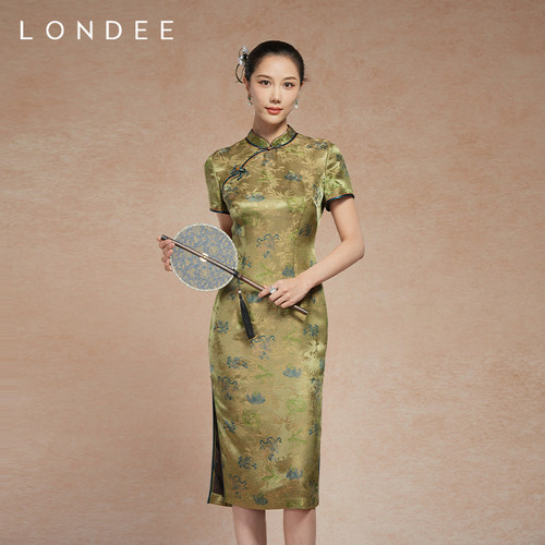 Londee/龙笛新中式气质高雅绿国风改良旗袍高级提花连衣裙5T21197