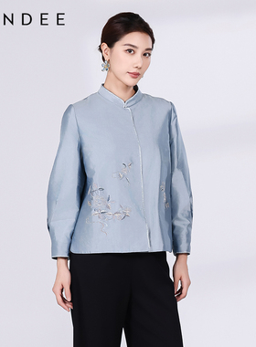 Londee/龙笛新款桑蚕丝气质显瘦上衣新中式缎面提花外套女4T25280