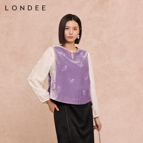 Londee/龙笛春夏新款高雅紫色丝绒马甲圆领刺绣百搭背心6S27266