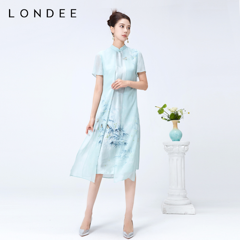Londee/龙笛新中式连衣裙女夏季国风气质新款绿色旗袍长裙4S26584
