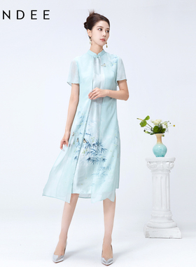 Londee/龙笛新中式连衣裙女夏季国风气质新款绿色旗袍长裙4S26584