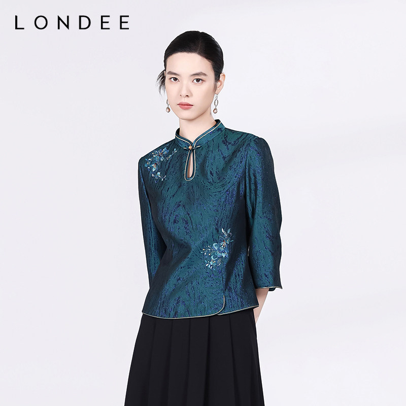 Londee/龙笛青黛蓝绿色新中式国风高级感刺绣上衣气质外套4T22275图片