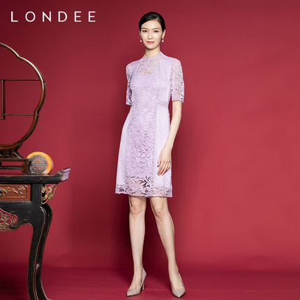 Londee/龙笛优雅拼接蕾丝显瘦连衣裙长裙(二件套9S27050)9S21698